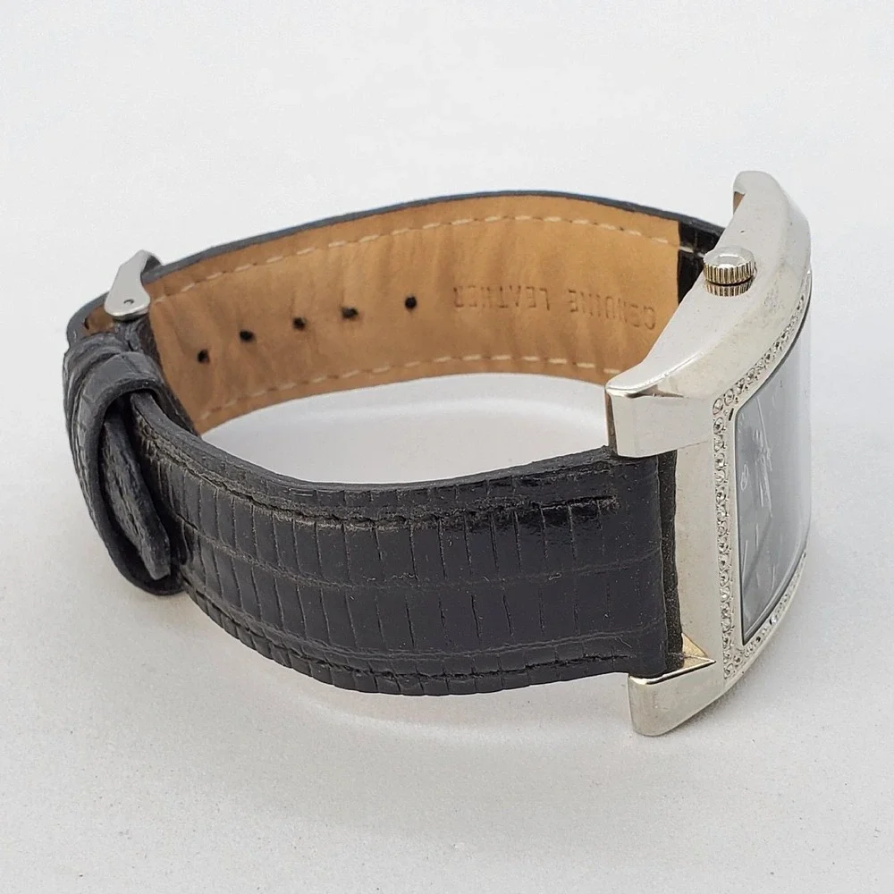 GEGRGE 38MM Women's Watch Crystal Bezel Black Leather Band Straps New Battery‎